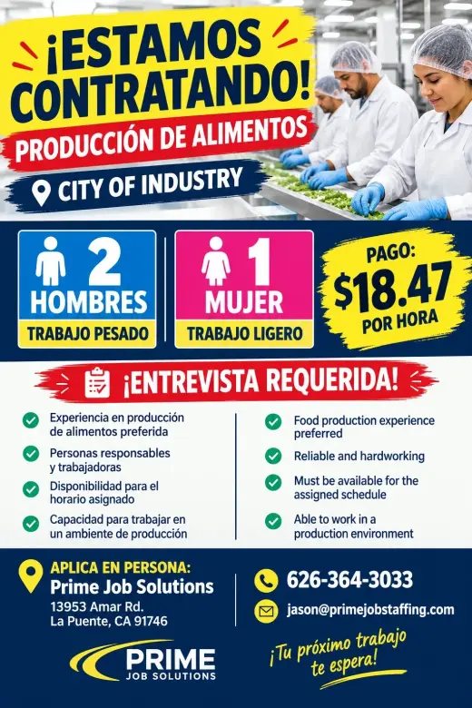 🔥 ¡CONTRATANDO! 2 HOMBRES + 1 MUJER – PRODUCCIÓN DE ALIMENTOS | $18.47/HR 🔥