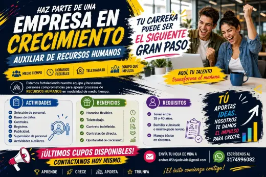 Haz Parte de una Empresa en Crecimiento: Auxiliar de Recursos Humanos