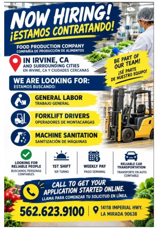 🚨 ¡CONTRATACIÓN INMEDIATA EN IRVINE, CA! 🚨