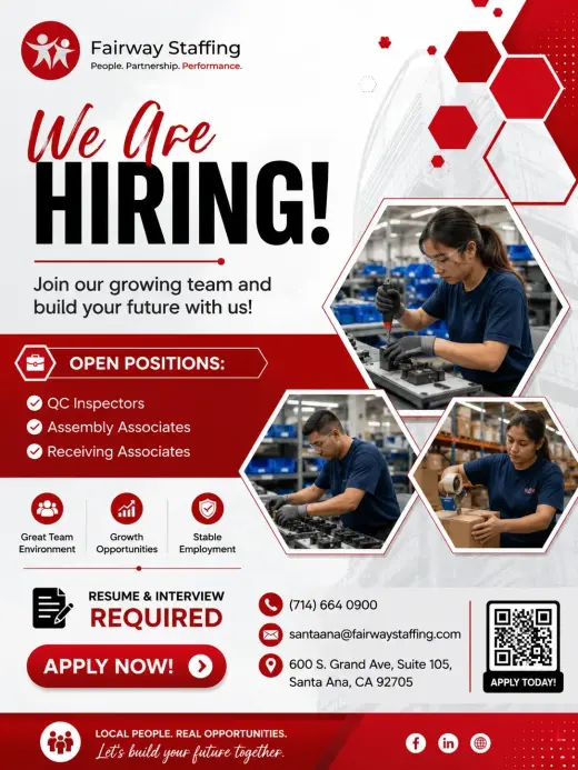 Now Hiring: ✅ QC Inspectors ✅ Assembly Associates ✅ Receiving Associates