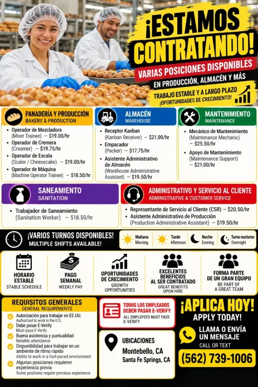 ¡TRABAJO EN FÁBRICA Y ALMACÉN! – $17.75 a $25.50/Hr