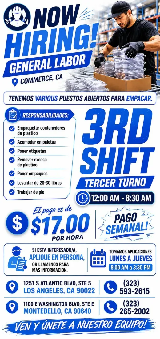 Trabajo fijo - Commerce, CA - 3 Turnos - Bodega de Plastico.