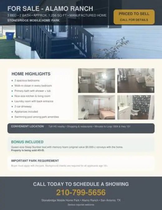 Casa Móvil de 3 Habitaciones y 2 Baños en Venta en Alamo Ranch