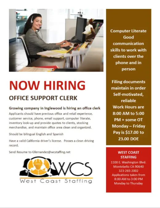 NOW HIRING - OFFICE SUPPORT CLERK