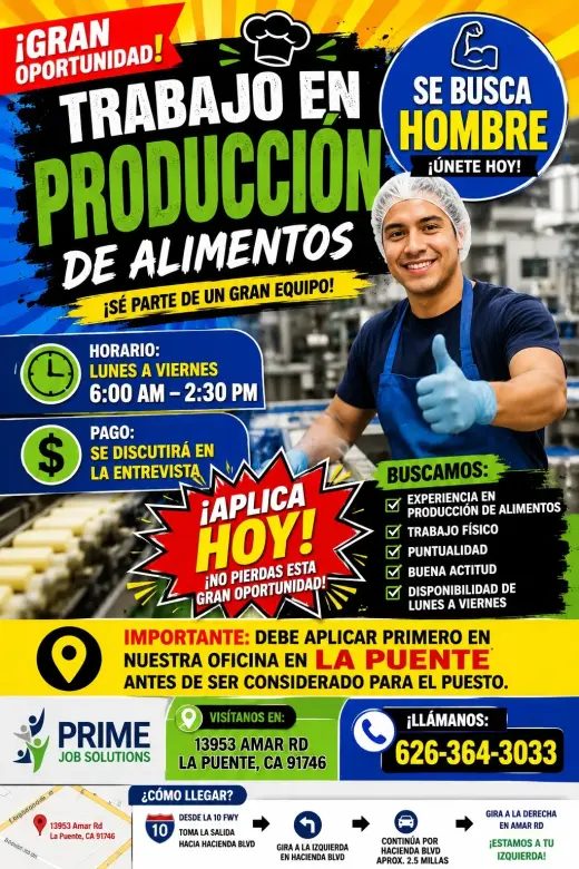 🚨 SE SOLICITA PERSONAL DE PRODUCCIÓN DE ALIMENTOS! 🚨