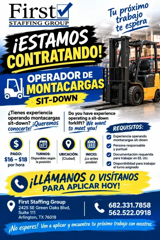 🚨 ¡ESTAMOS CONTRATANDO! 🚨   🦺 OPERADOR DE MONTACARGAS – SIT-DOWN 🦺