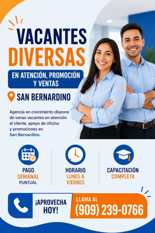 Vacantes diversas en atención, promoción y ventas – San Bernardino