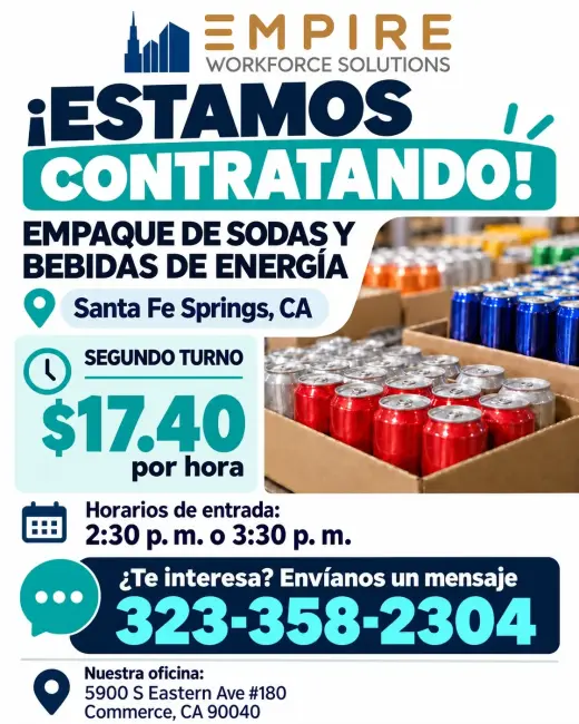 ¡Trabajo de empaque! Segundo turno en Santa Fe Springs CA 90670