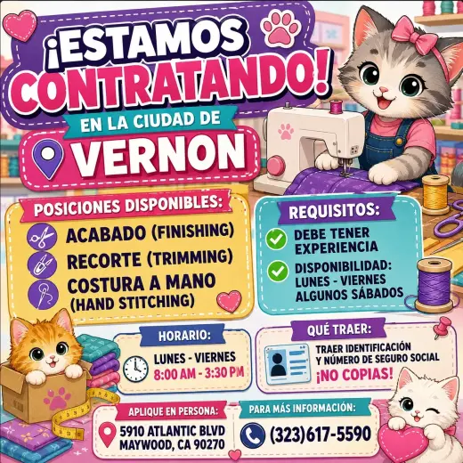 Ofertas de Trabajo para Costura y Acabado en Vernon