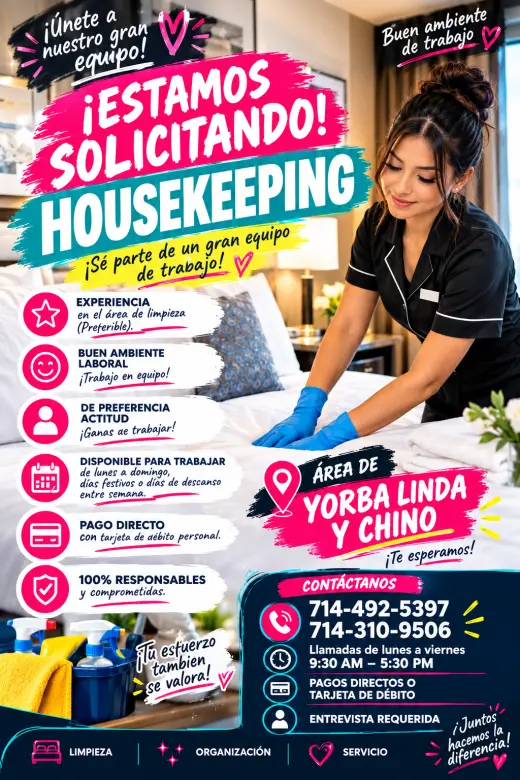 Oportunidad de Trabajo en Limpieza en Yorba Linda y Chino