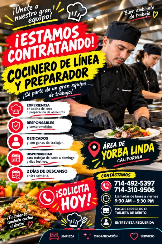 Buscamos Cocinero de línea y preparador