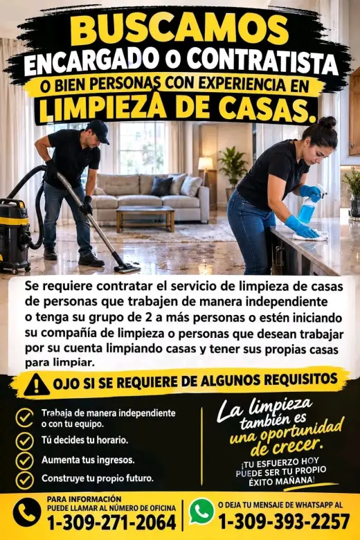SE BUSCA LOS SERVICIOS DE LIMPIEZA DE CASAS DE PERSONAS CON EXPERIENCIA