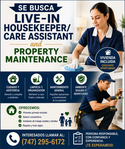 2 Positions. Live-In Housekeeper/Care Assistant and Property Maintenance.
