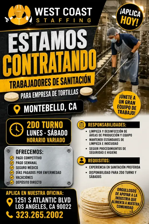 Contratando Trabajadores de Sanitación para Empresa de Tortillas