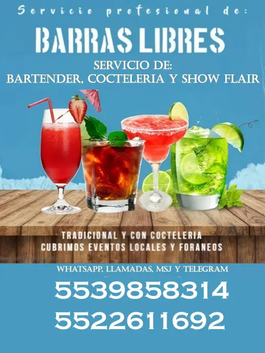 Bartender y barras libres para eventos locales y foráneos.