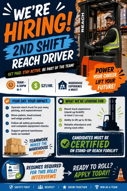 HIRING STAND UP REACH FORKLIFT DRIVERS// OPERADO DE REACH