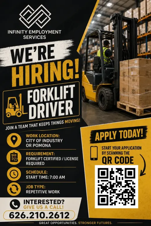 FORKLIFT DRIVERS NEEDED IN CITY OF INDUSTRY & POMONA