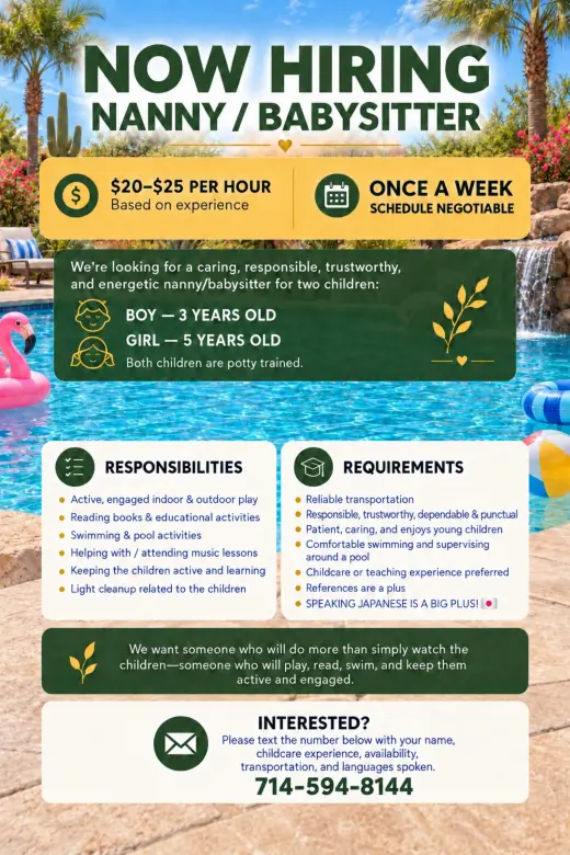 Nanny/Babysitter Wanted – Flexible Schedule