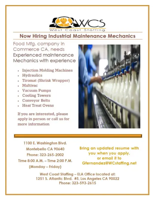 Now Hiring Industrial Maintenance Mechanics