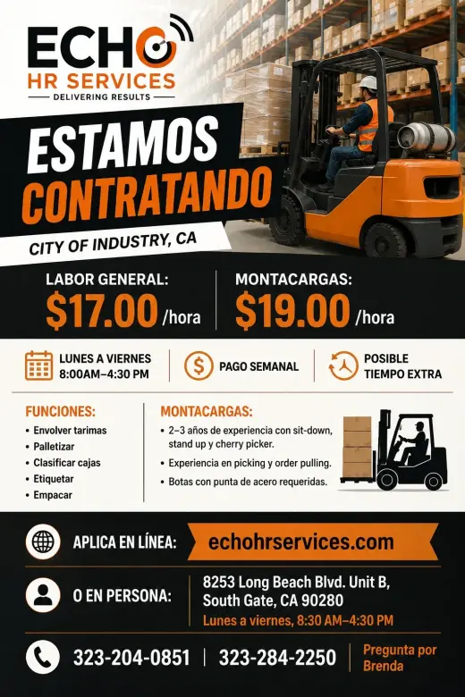 ESTAMOS CONTRATANDO – CITY OF INDUSTRY, CA