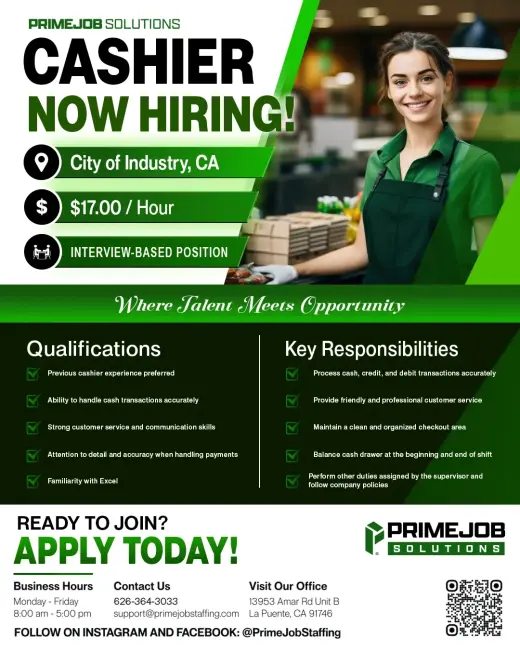 CASHIER – NOW HIRING!