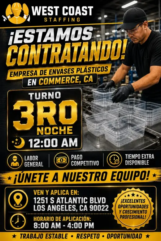 Oportunidad Laboral: Trabajo General en West Coast Staffing