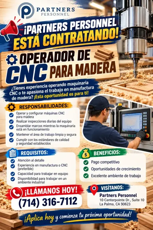 Ocupamos Operadores de CNC para Madera