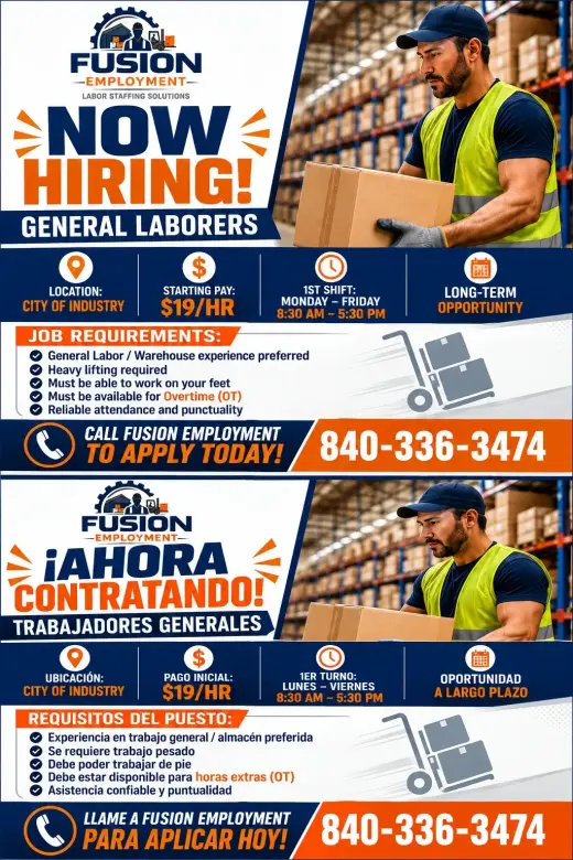 Warehouse Generla Labor/ Trabajo General para Bodega