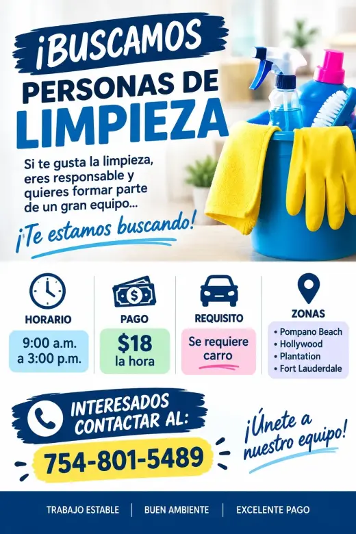 Personal de Limpieza de 9am a 3pm