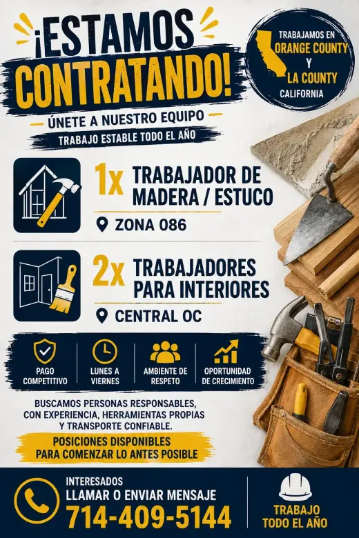 ¡TRABAJO ESTABLE EN OC Y LA – CONTRATANDO YA! 🔨