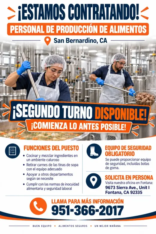 Estamos contratando personal de produccion de alimentos.