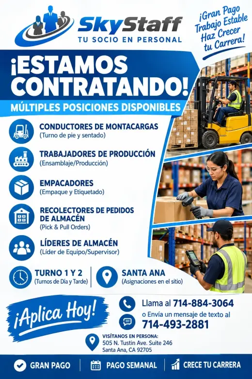 🚨 ¡ESTAMOS CONTRATANDO EN SANTA ANA! Montacargas, Producción y Almacén 📲
