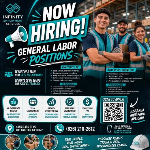 WAREHOUSE & GENERAL LABOR POSITIONS | POSICIONES DE MANO DE OBRA GENERAL