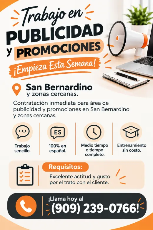 Trabajo en Publicidad y Promociones  ¡Empieza Esta Semana!