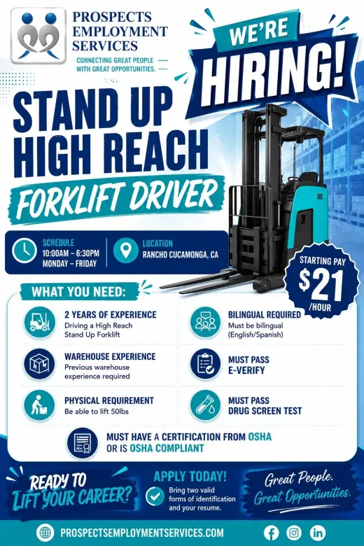 Hiring Stand Up High Reach Forklift Drivers!!!