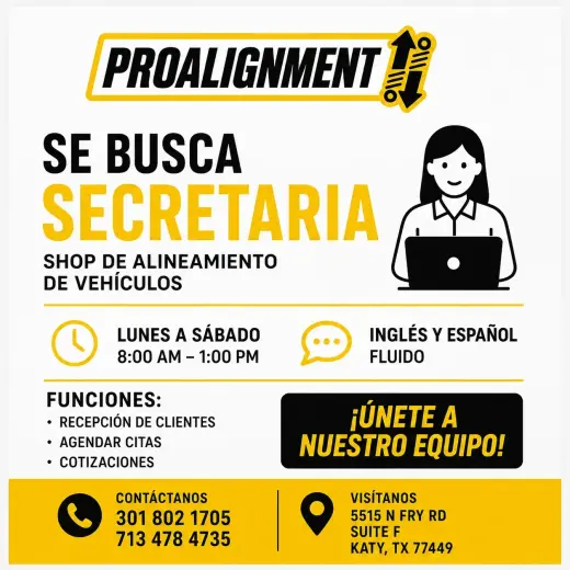 Se Busca: Secretaria Bilingüe para Taller de Alineamiento de Vehículos