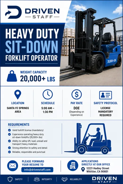 Looking for Forklift Operators: Heavy Duty 20,000lb capacity