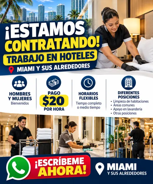 Trabajo en Hoteles – $20/Hora