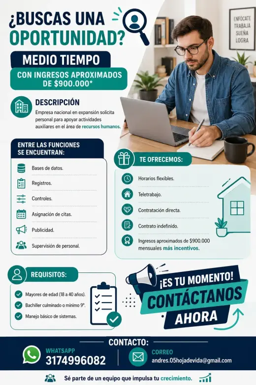 ¿Buscas una Oportunidad? Medio Tiempo con Ingresos Aproximados de $900.000