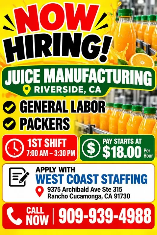 NOW HIRING - GENERAL LABOR/PACKERS - RIVERSIDE CA