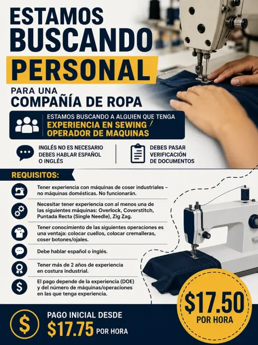 Se Busca Operador de Máquina de Coser para Compañía de Ropa