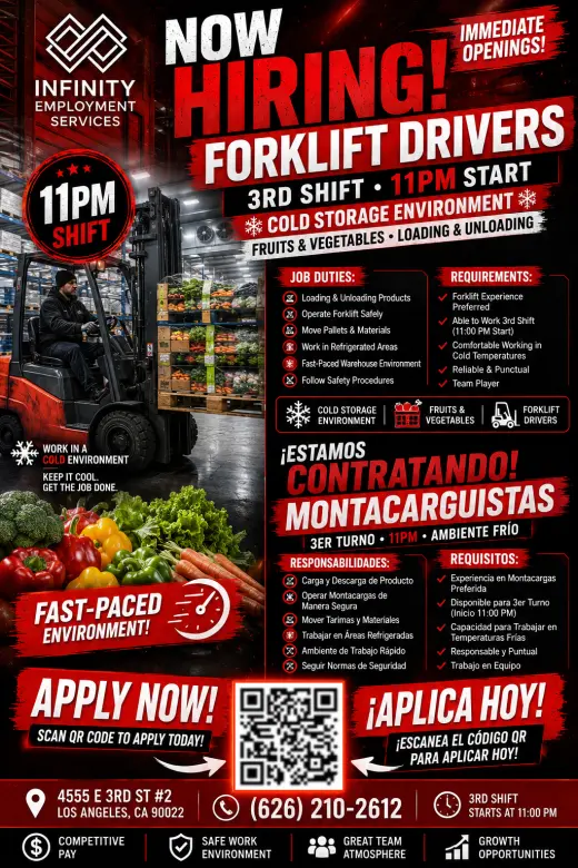 FORKLIFT DRIVERS NEEDED | SE NECESITAN MONTACARGUISTAS