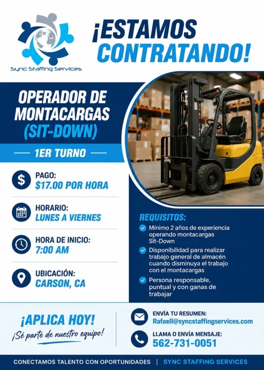 ¡ESTAMOS CONTRATANDO! Operador de Montacargas (Sit-Down)
