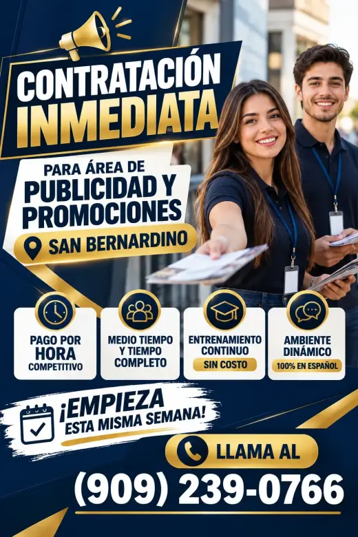 Contratación inmediata para área de publicidad y promociones – San Bernardino