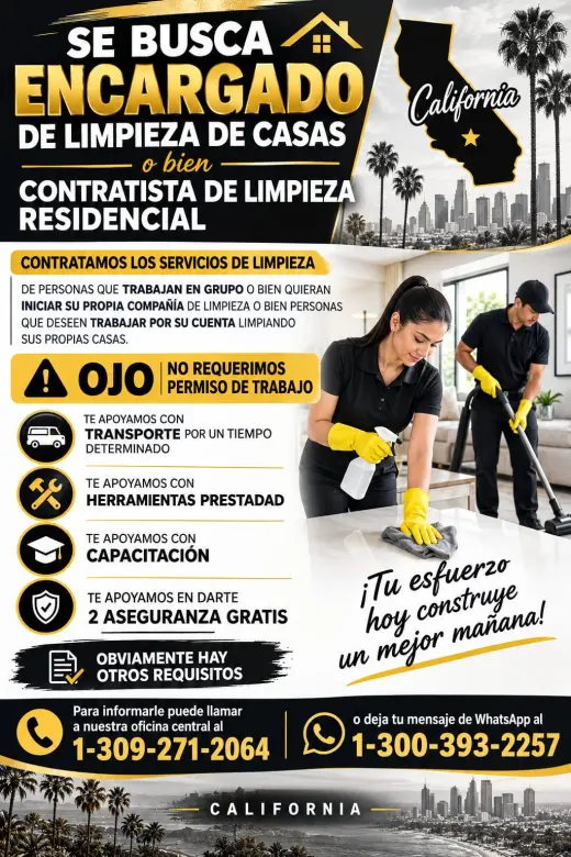 TRABAJO DISPONIBLE EN LIMPIEZA DE CASAS PARA PERSONAS CON MUCHA EXPERIENCIA