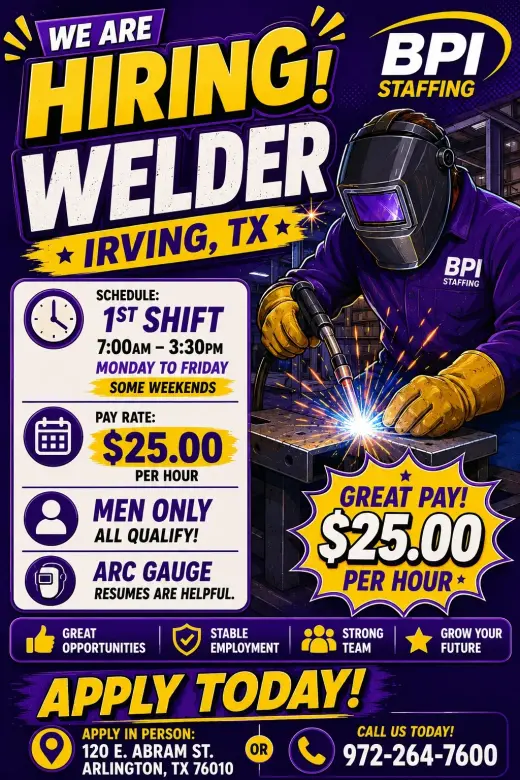 Hiring Welders position in Irving, TX
