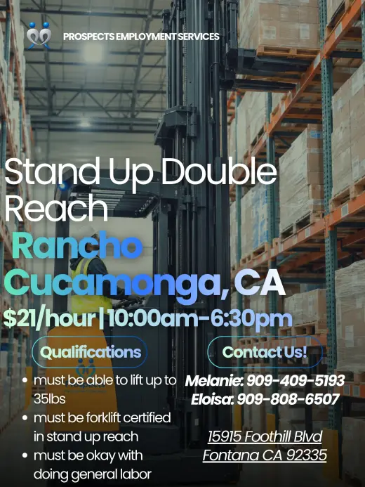 Estamos contratando Operadores de Montacargas Stand-Up Reach en Rancho Cucamonga