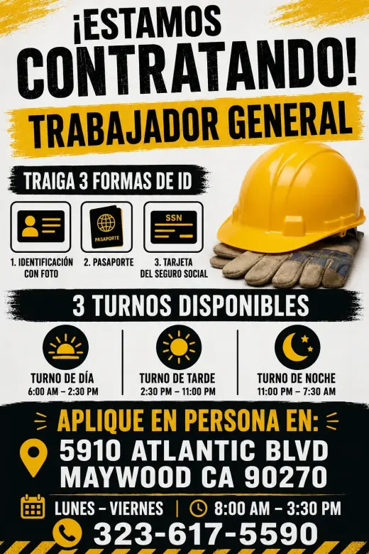 Contratando Trabajador General - Varios Turnos Disponibles