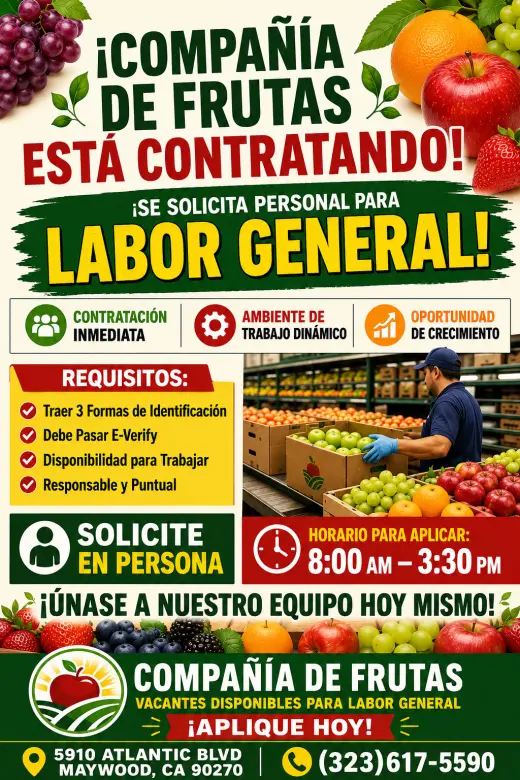 ¡Compañía de Frutas Está Contratando Personal General!