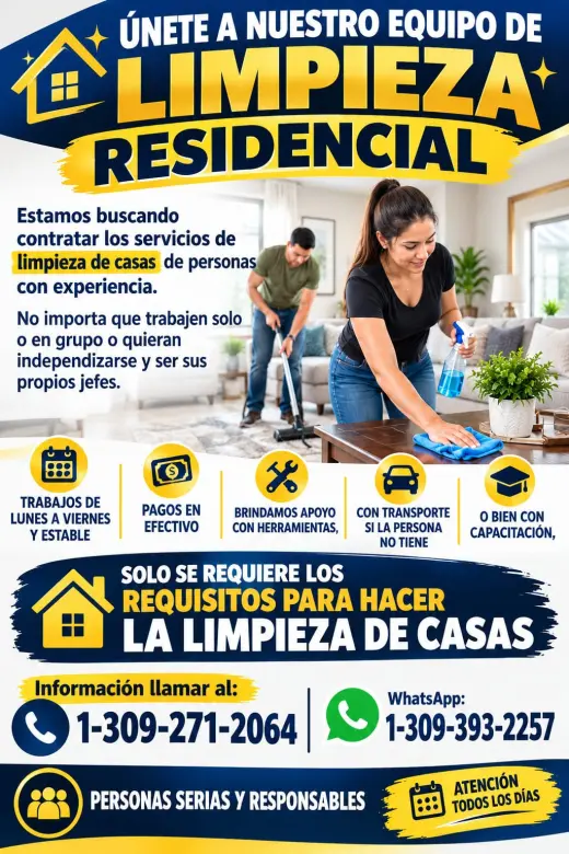 BUSCAMOS ENCARGADO, CONTRATISTA Y PERSONAL CON EXPERIENCIA EN LIMPIEZA DE CASAS